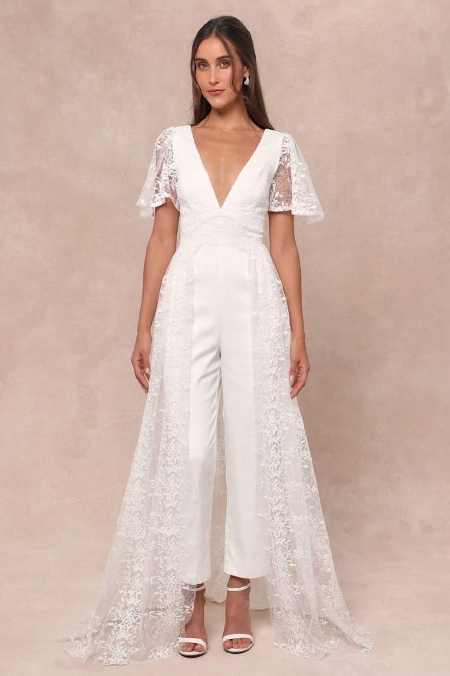 Lulus Immaculate Love White Mesh Embroidered Cape Jumpsuit Wedding Small NWT